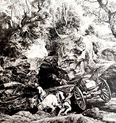 Rubens Broken Down Cart Landscape Print 1939 Gray Tone Plate Antique Art DWX2A