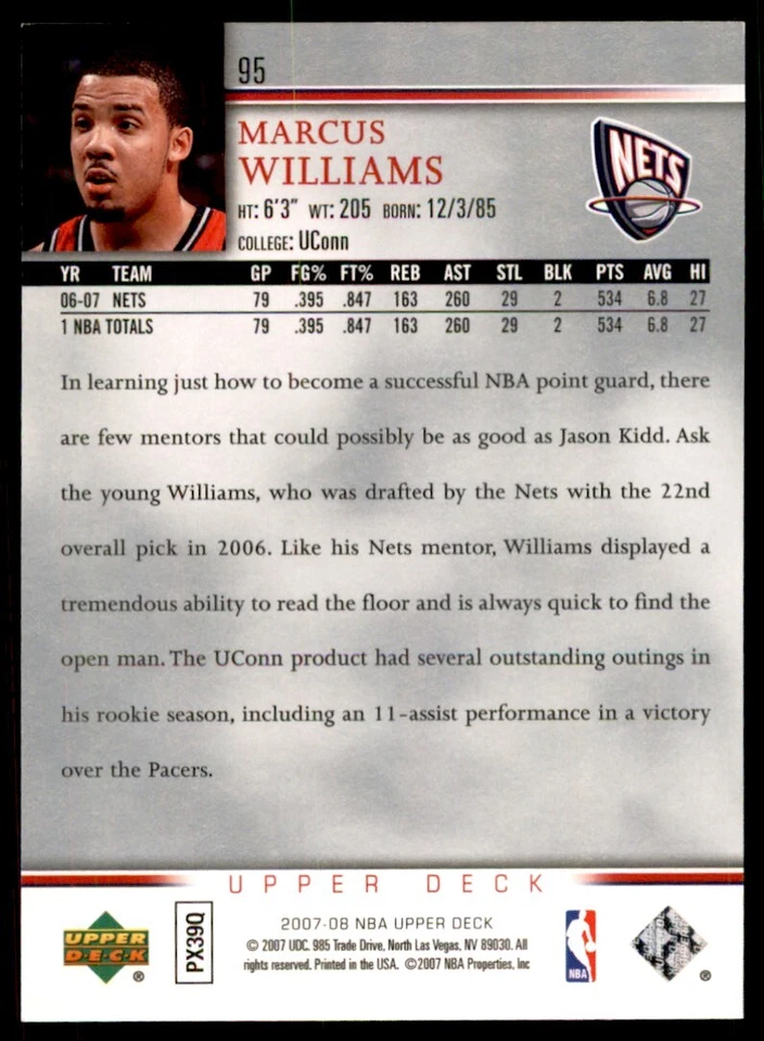2007-08 Upper Deck. Marcus Williams Basketball Cards #95 - Image 2 of 2