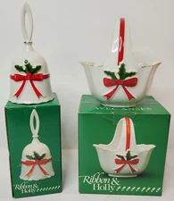 Vintage 1986 Ribbon And Holly Dinner Bell And Handled Basket Set Christmas Japan