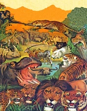 POSTER JUNGLE WILD ANIMALS LIONS TIGERS ELEPHANTS ZEBRAS VINTAGE REPRO FREE S/H