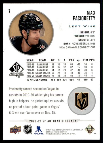 2020-21 SP Authentic Max Pacioretty Vegas Golden Knights #7 - Picture 2 of 2