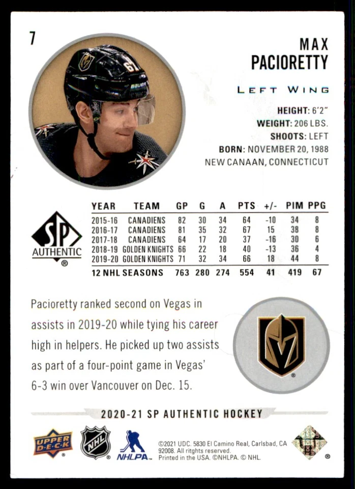2020-21 SP Authentic Max Pacioretty Vegas Golden Knights #7 - Image 2 of 2