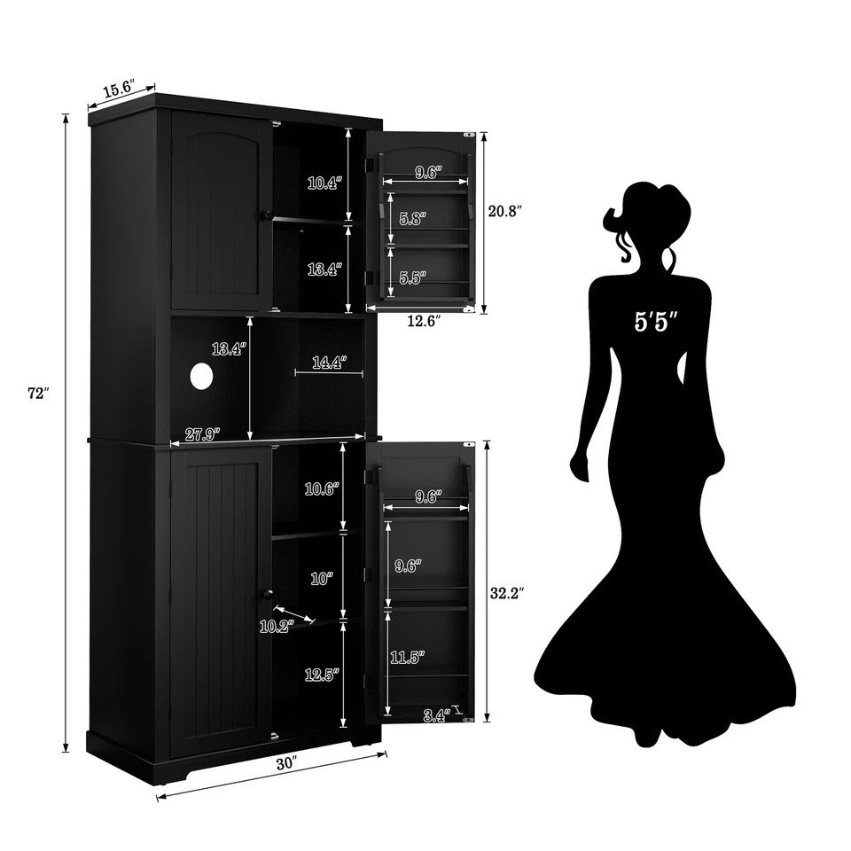 72-дюймовый кухонный кладовой шкаф для хранения традиционный отдельно стоящий с 4 дверцами черный - Изображение 2 из 4