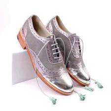 Handmade Women Two Tone Leather  Suede Lace Up Dress Shoe, Wing Tip Brogue Shoe