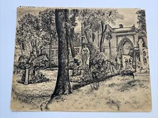 ANTIQUE PAINTING 1929 JO CAIN Drawing Masterful Iconic Architecture Church Old