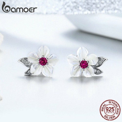 BAMOER Women shell flower Stud Earrings 925 Sterling silver Fashion Jewelry Gift - Picture 2 of 10