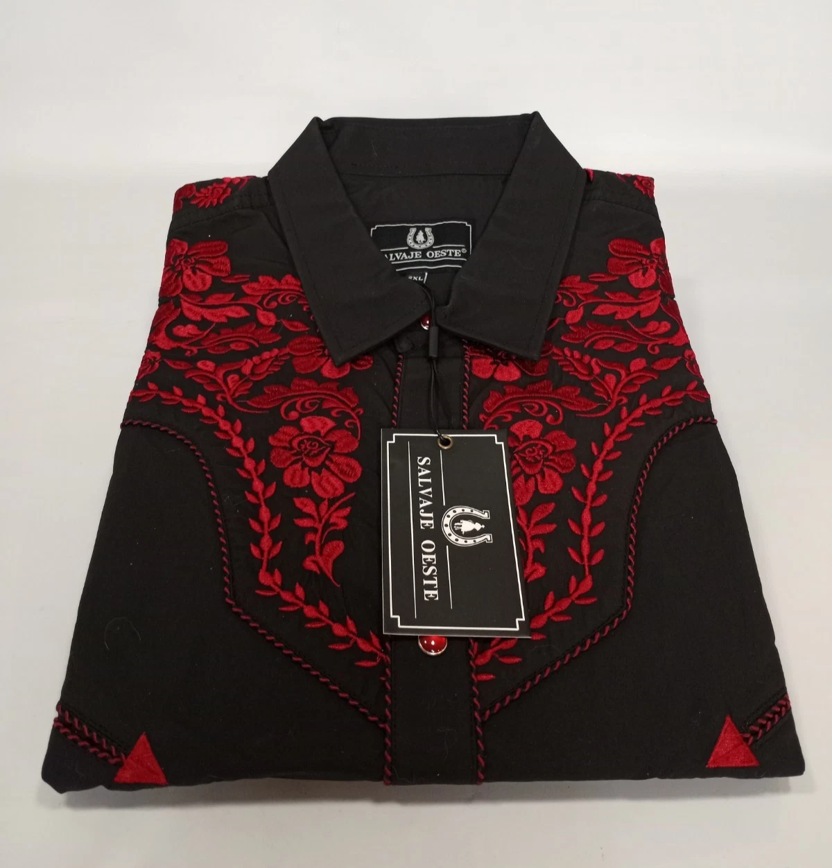 Salvaje Oeste Western Cowboy Shirt Pearl Snap 2XL Black w/Red Embroidery NWT