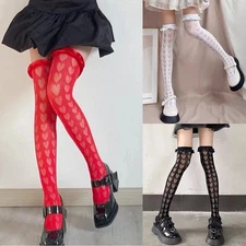 HEART PATTERN RUFFLE TRIM LACE FISHNET OVER THE KNEE THIGH HIGH STOCKINGS TIGHTS