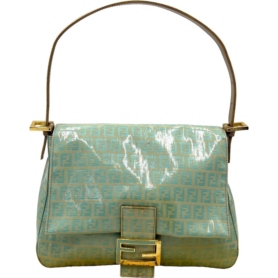 FENDI Mamma Baguette Zucchino Shoulder Bag Coated Canvas Light Green Auth Italy