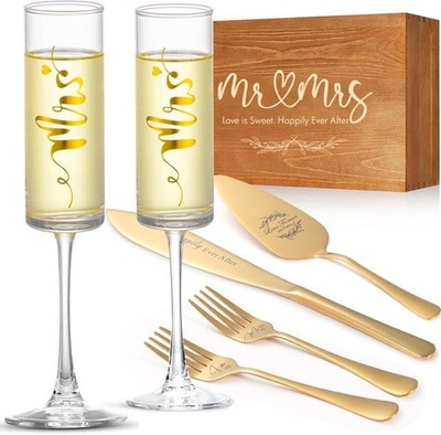 Wedding Cake Knife and Server Set, Bride and Groom Mr and Mrs Champagne Flute...