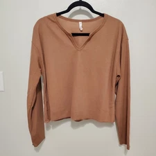 Wishlist Brown Top Micro Waffle V-neck Long Sleeve Womens Small Shirt NWOT