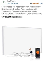 Space Heater for Indoor Use 600W– Wall Mounted Smart Infrared Heating Panel A...