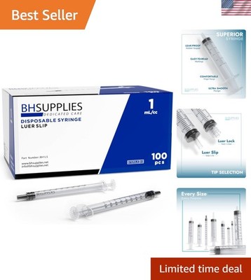 1mL Luer Slip Tip Syringes No Needle - Sterile, Individually Wrapped - 100 Sy...