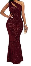 Burgundy Sequin One Shoulder Long Maxi Bodycon Dress Women Regular Size