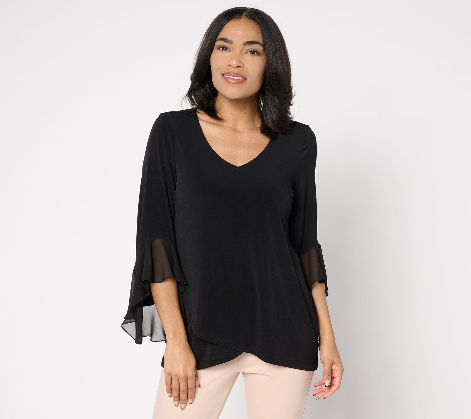 Susan Graver Petite Liquid Knit Tunic Top w/ Woven Ruffle Sleeves Black L New