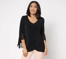 Susan Graver Petite Liquid Knit Tunic Top w/ Woven Ruffle Sleeves Black L New