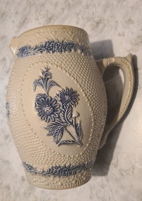 Antique Stoneware Blue Gray Pitcher Stippled German, Drink Slowly But Much