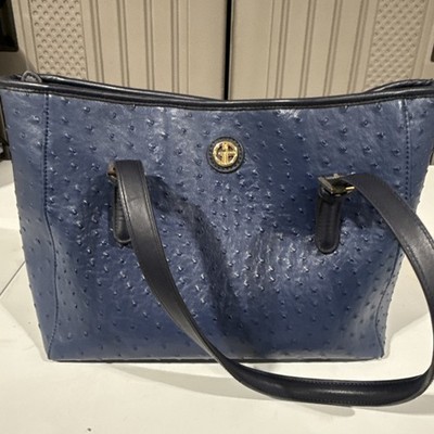 Giani Bernini Navy Blue Ostrich Embossed Tote Shoulder Bag Gold Hardware Med
