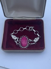Vintage Handmade 925 Silver Bracelet 19cm With Pink Dyed Agate And Monkey Heads