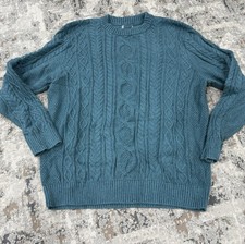 LL Bean Heritage Cotton Cable Knit Fisherman Chunky Sweater Ireland XL Teal