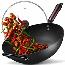 Wok, 13 Inch carbon steel woks & stir-fry pans nonstick, Pre-Seasoned 5.8QT F...