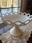 Vintage Footed Pedestal Milk Glass Compote Lace Edge Diamond Point Bowl - 7"x10"