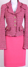 ST.JOHN Women's Pink Red Metallic Shimmer Fringed Trim Jacket Skirt Sz 10