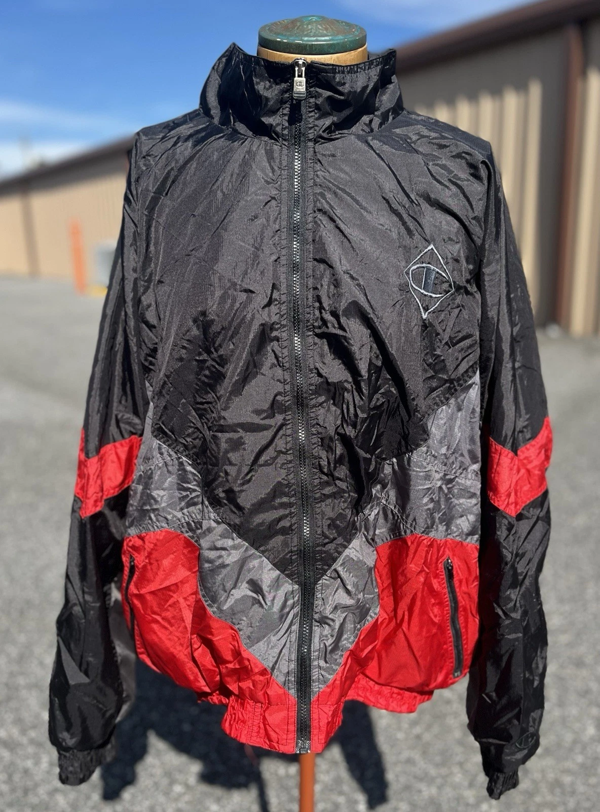 Vtg Champion Windbreaker Jacket XXL Black Red Gray Colorblock Spellout Back Y2K