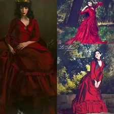 Victorian Dark Red Gothic Wedding Dress V-Neck Long Sleeves Vintage Bridal Gowns