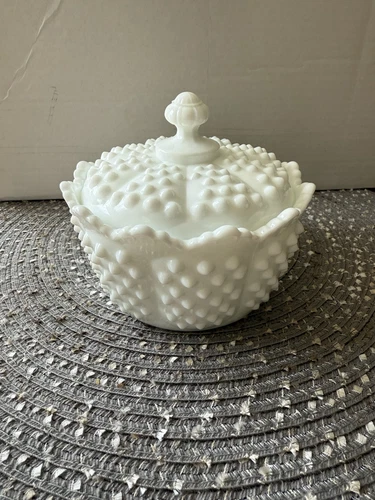 Vintage Fenton White Milkglass Hobnail Covered Candy Dish