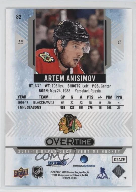 2017-18 Upper Deck Overtime Artem Anisimov #82 - Image 2 of 2