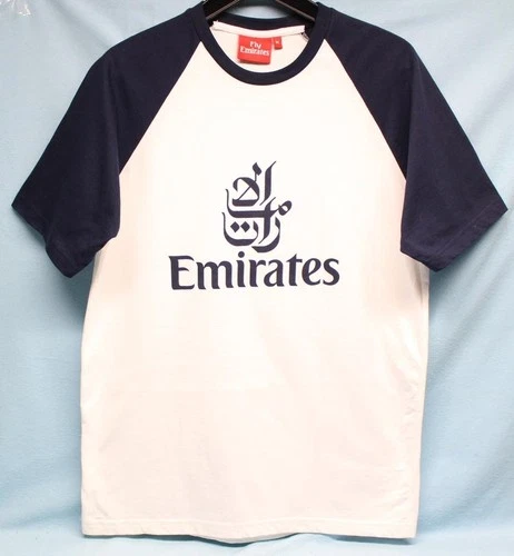 FLY EMIRATES AIRLINE SHORT SLEEVE RAGLAN BASEBALL T SHIRT- MENS SIZE MEDIUM