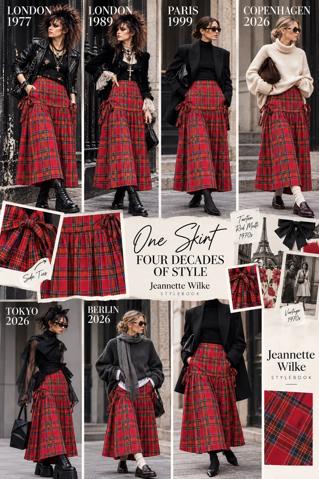 Vintage Schottenrock 70er Tartan Wolle Rock Maxi XS Karo Rot Punk Rafftaschen - Bild 1 von 4