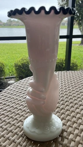 RARE Fenton Large Black Rose Crest Hand Vase. No Damage. Unmarked.