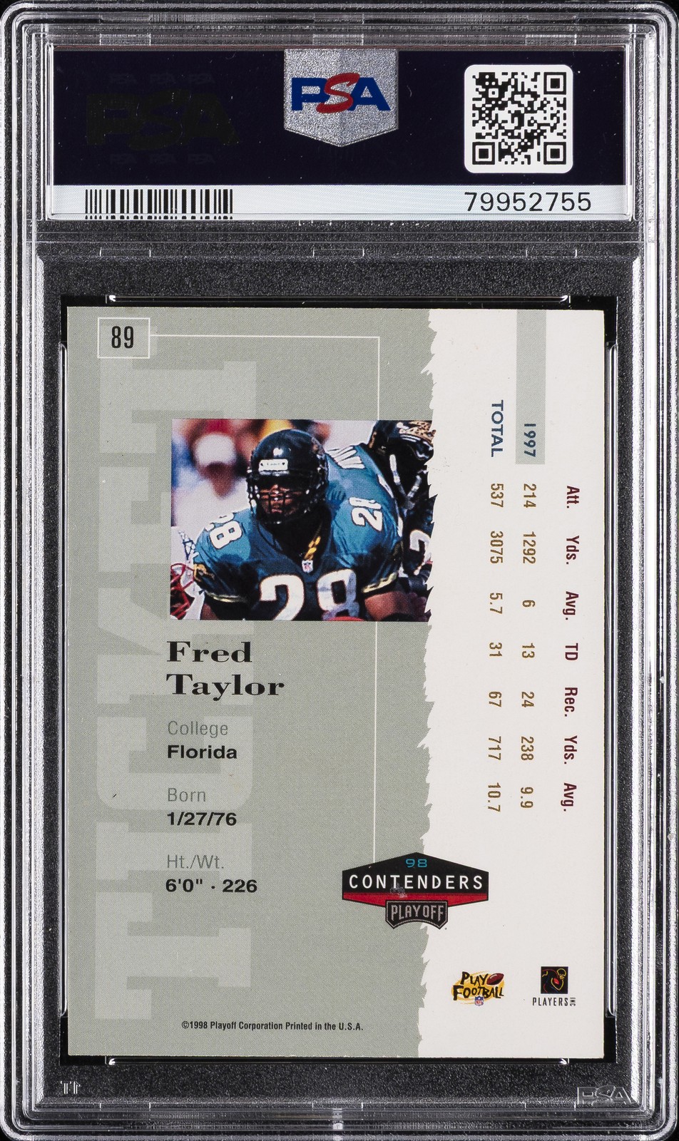 1998 PLAYOFF CONTENDERS TICKET AUTOGRAPHED #89 FRED TAYLOR RC PSA 7 view 2