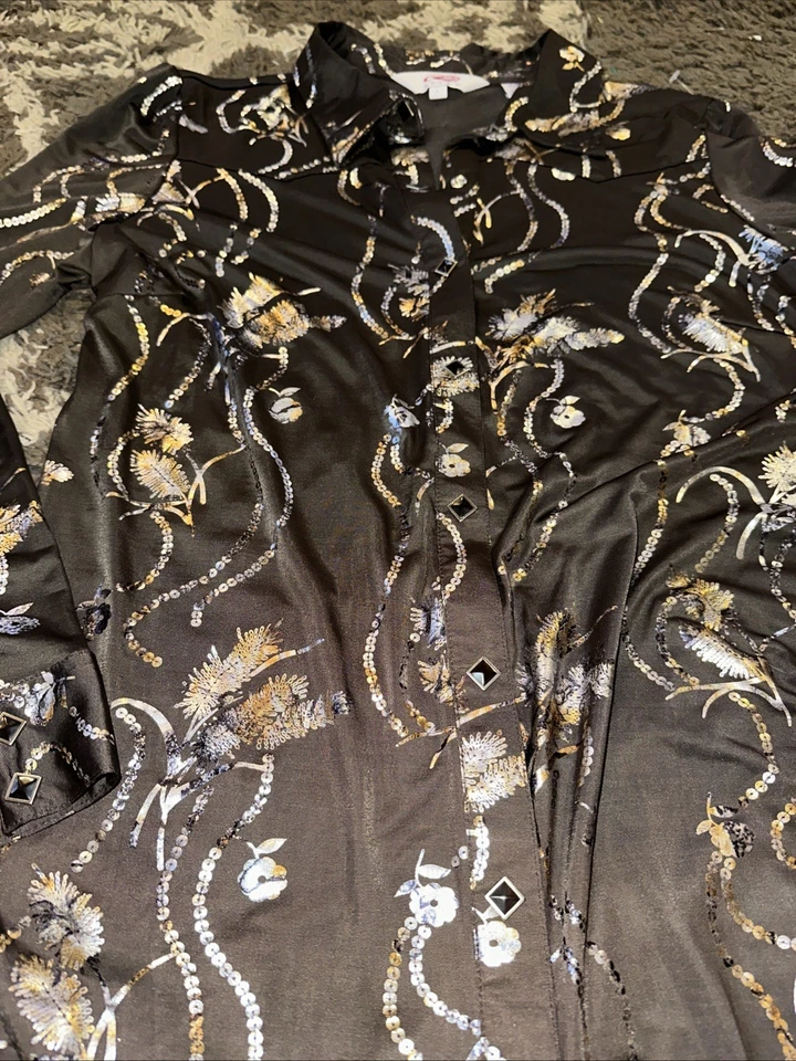 Roper Rare Square Snaps Shirt Women’s Sz L Western Metallic Floral Print Brown Foto 2 de 4