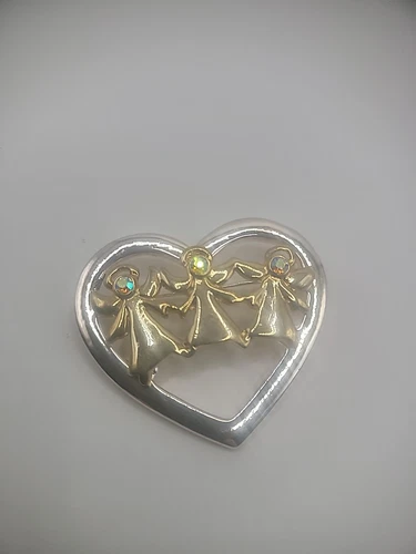 Vintage Silver Tone Gold Tone Brooch Pin Angels Crystals Jewelry Costume