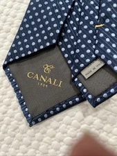 Canali Neck Tie Pure Silk Made in Italy Blue polka dots Mens 3.5” x 58” long