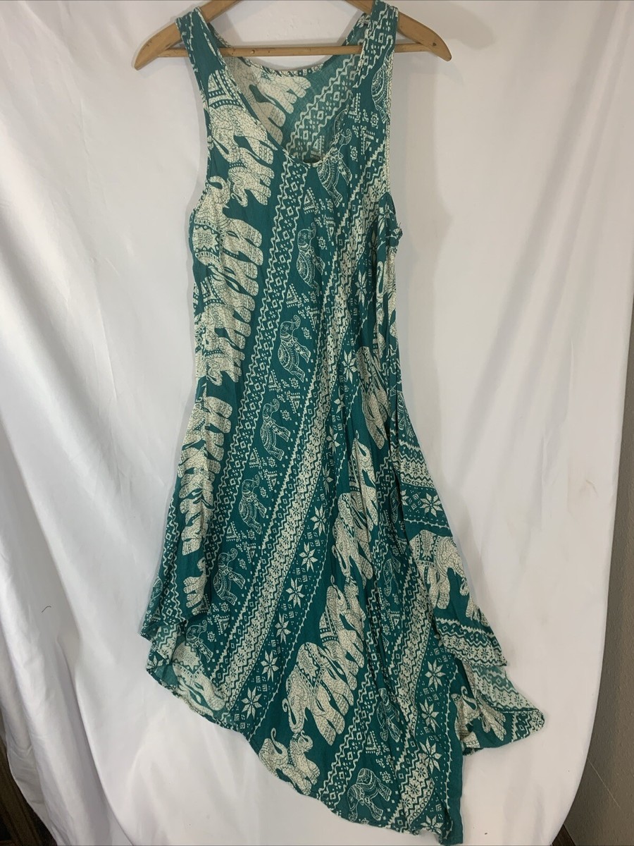 India Elephant Print Womens Dress Teal SZ M Sleeveless Boho Hippie V Hem