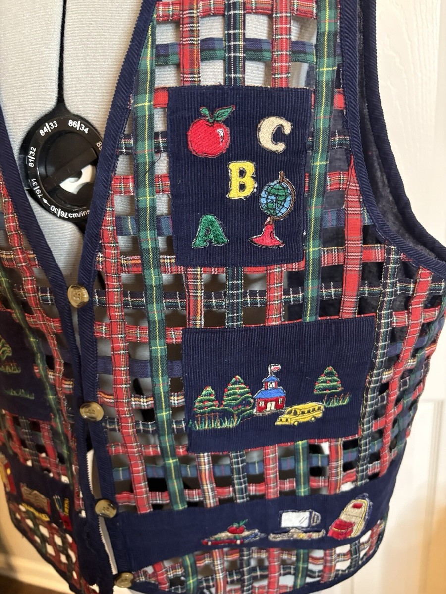 Casey & Max size M vest teacher theme lattice front navy blue