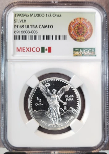 1992 MEXICO SILVER LIBERTAD 1/2 ONZA NGC PF 69 ULTRA CAMEO RARE GEM PROOF 1/2 OZ