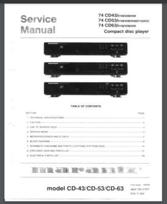 Marantz CD-43/53/63 CD Player Service Manual 20 Pages