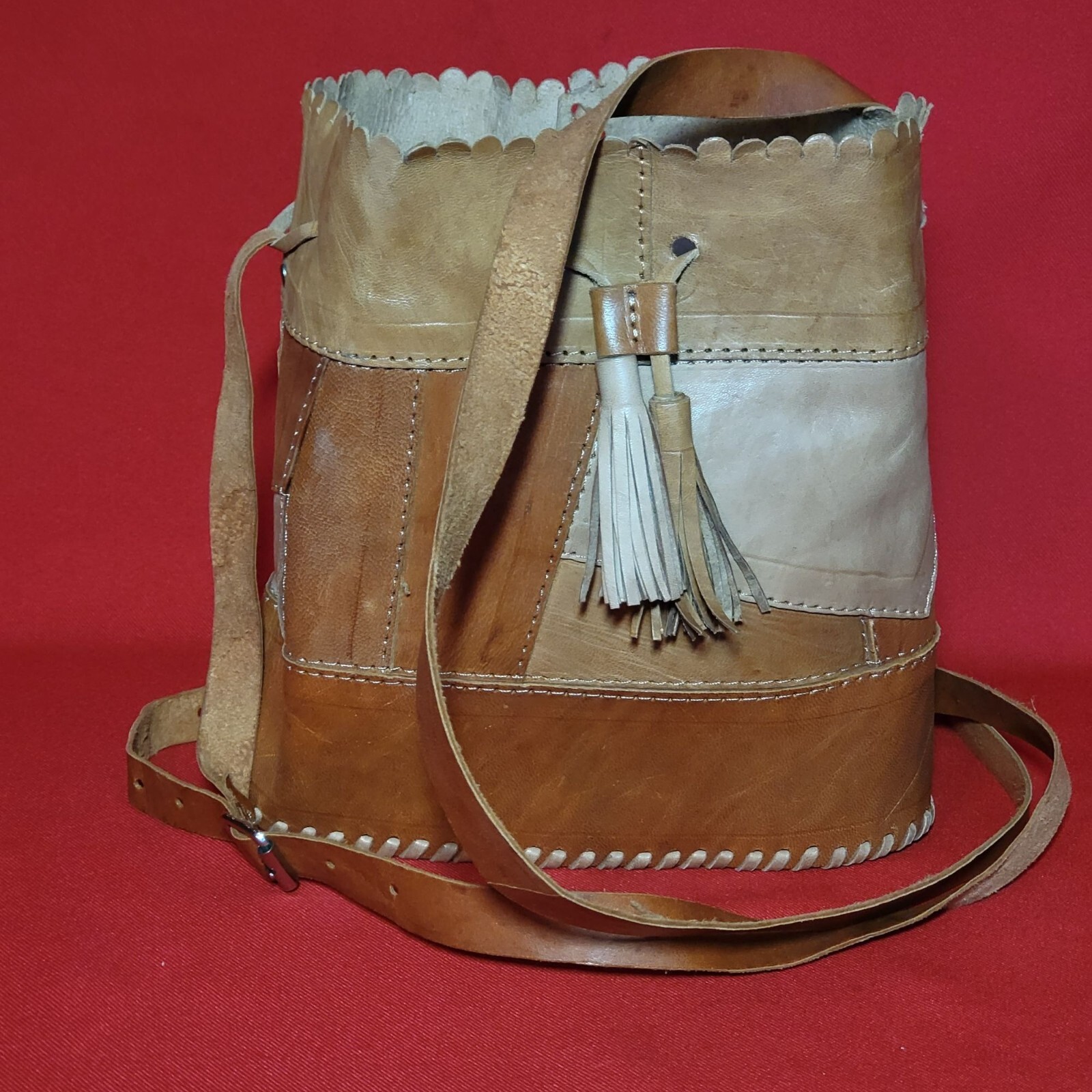 Leather Patchwork Drawstring Bucket Shoulder Cros… - image 1