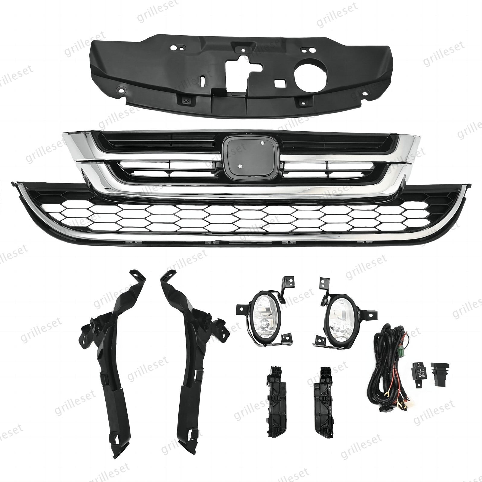 For CR-V 2010-2011 Complete Bumper Chrome Grille with Fog Light Kit & 4 Brackets