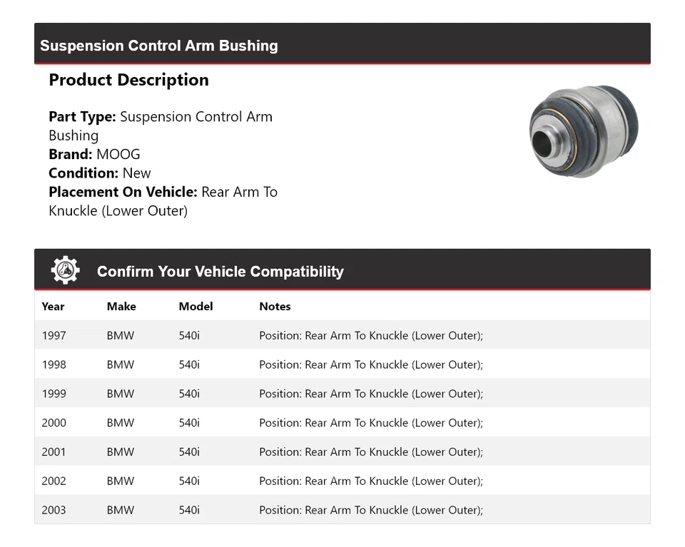 Buje de brazo de control de suspensión para BMW 540i 1997-2003 MOOG 1997 1998 1999 2000 Foto 2 de 3