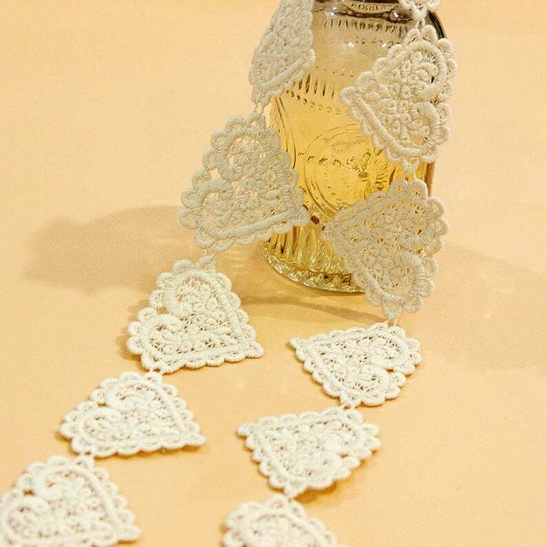 Beige Crocheted Heart Cotton Lace Trim Cotton Lace Ribbon Applique Patch 2 Yards - Image 3 of 4