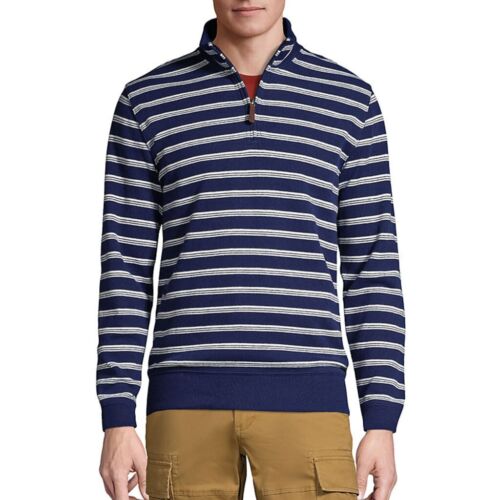 Lands' End Striped Sweater Men’s 4XL Navy White Print Bedford Rib Quarter Zip