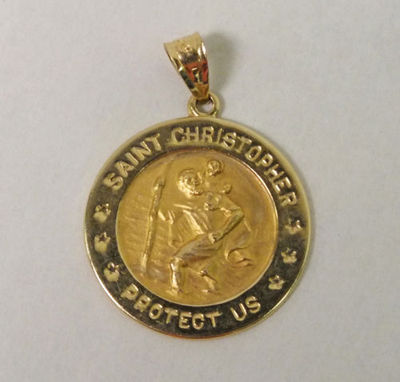 14K Saint Christopher Protect US Circle Religious Pendant Yellow Gold Signed MA