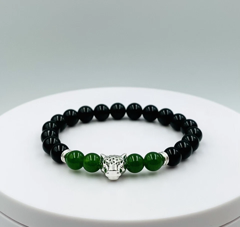 Pulsera Hombre Pantera Jade Verde Natural, Piedra Obsidiana Negra (8mm) Foto 3 de 3