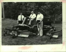 1989 Press Photo Kirk, Horst & Hans Pogge on large grass mower in New York